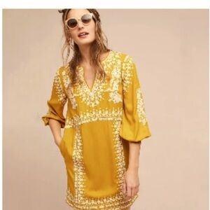 Anthropologie Akemi Kim Yellow Embroidered Tunic Dress 0P